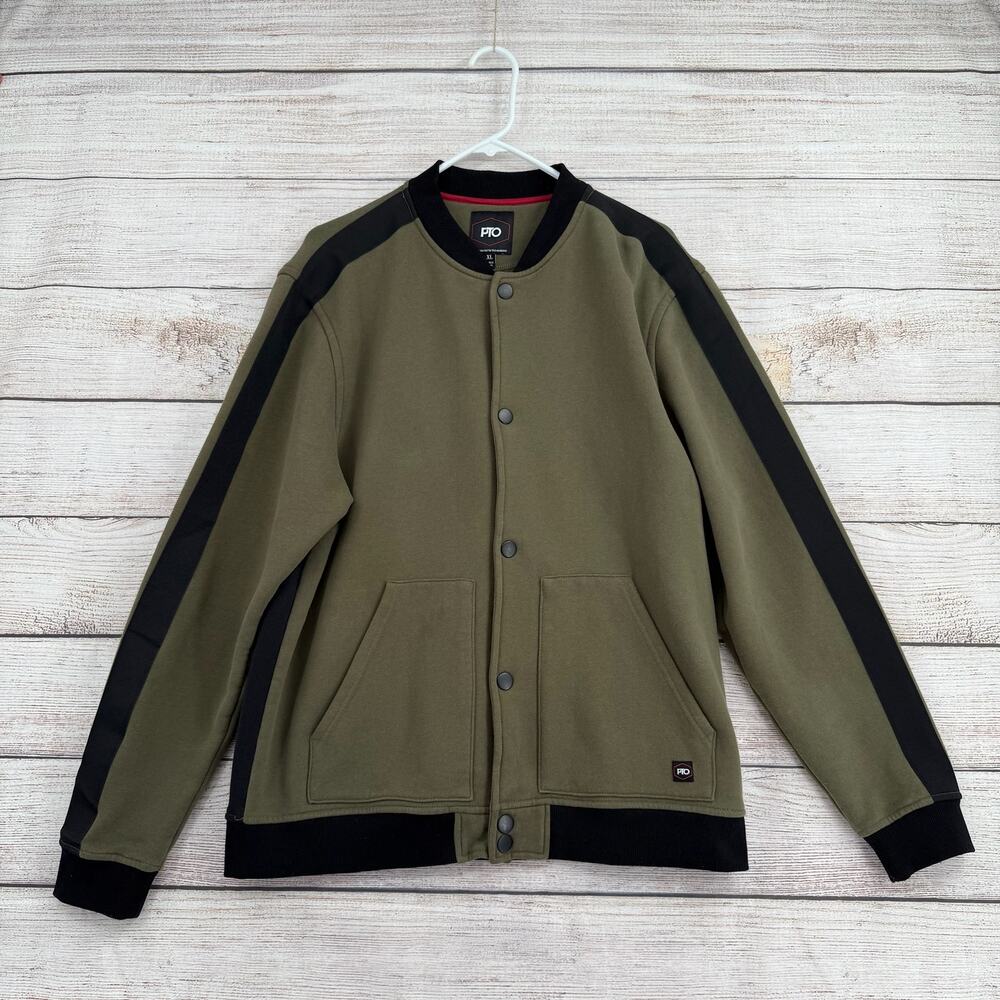 PTO Fleece Snapdown Jacket Mens XL Green Black Long Sleeve Stretch